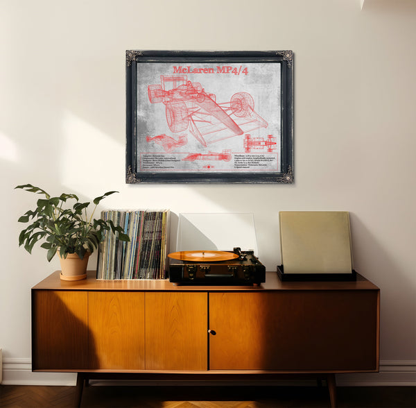 McLaren MP4-4 - Red and White Version Formula One Print framed in Vintage Black in a loft bedroom