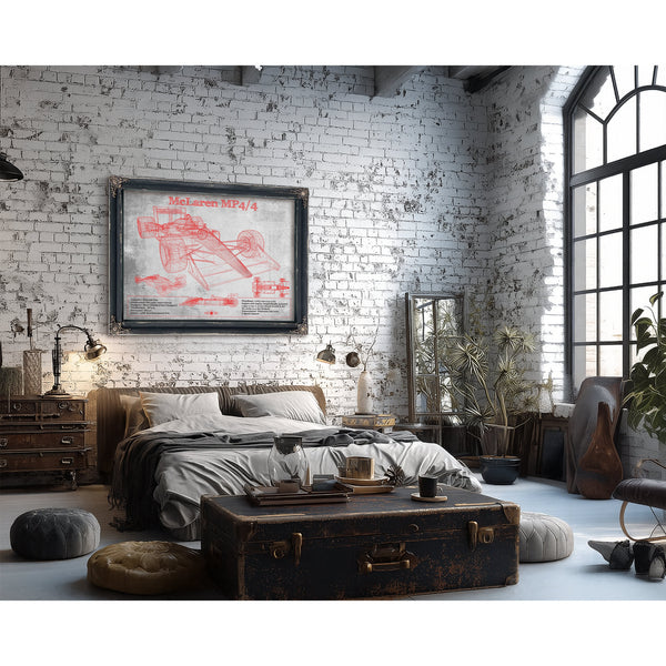 McLaren MP4-4 - Red and White Version Formula One Print framed in Vintage Black in a farmhouse entryway