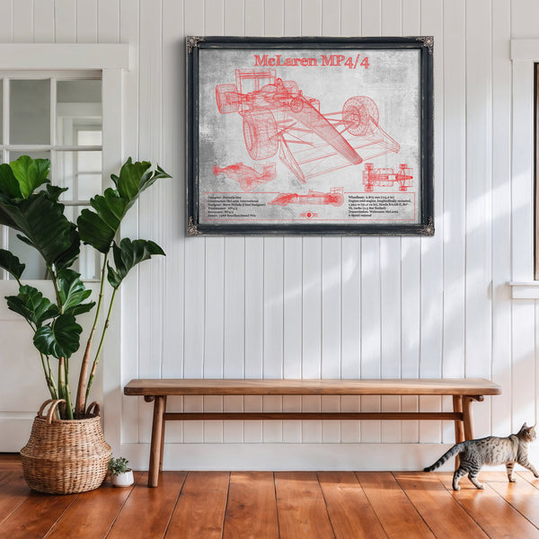 McLaren MP4-4 - Red and White Version Formula One Print framed in Vintage Black above a rustic console table
