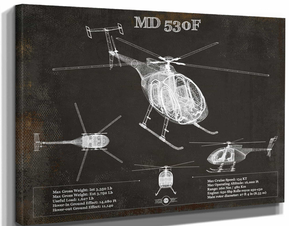14" x 11" / Stretched Canvas Wrap Cutler West MD 530F Helicopter Vintage Aviation Blueprint Print