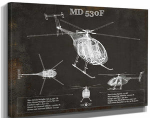 14" x 11" / Stretched Canvas Wrap Cutler West MD 530F Helicopter Vintage Aviation Blueprint Print