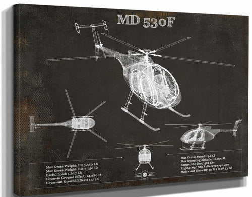 14" x 11" / Stretched Canvas Wrap Cutler West MD 530F Helicopter Vintage Aviation Blueprint Print