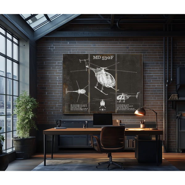 MD 530F Helicopter Blueprint Aviation Print as a 3 panel canvas wrap in an industrial loft office