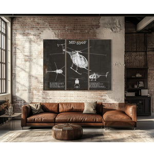 MD 530F Helicopter Blueprint Aviation Print as a 3 panel canvas wrap above a leather sofa