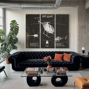 MD 530F Helicopter Blueprint Aviation Print as a 3 panel canvas wrap in a modern living room
