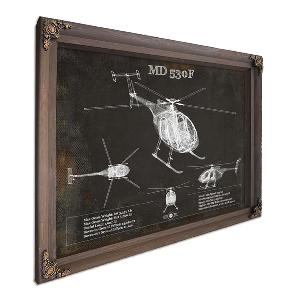 MD 530F Helicopter Blueprint Aviation Print in a Bourbon stained wood frame with antique gold corners