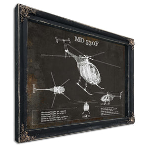 MD 530F Helicopter Blueprint Aviation Print in a distressed Vintage Black wood frame with ornate corners
