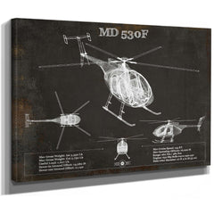 MD 530F Helicopter Blueprint Aviation Print as a stretched canvas wrap with gallery wrapped edges