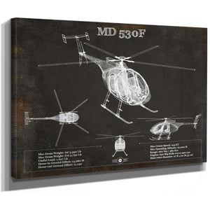 MD 530F Helicopter Blueprint Aviation Print as a stretched canvas wrap with gallery wrapped edges