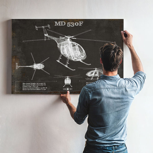 MD 530F Helicopter Blueprint Aviation Print framed in Vintage Black above a mid-century record console