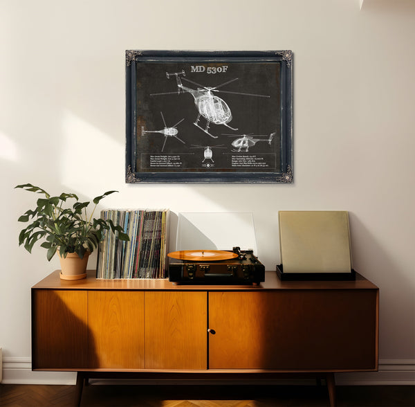 MD 530F Helicopter Blueprint Aviation Print framed in Vintage Black in a loft bedroom