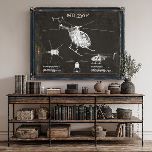 MD 530F Helicopter Blueprint Aviation Print canvas print size guide 24x18 36x24 48x36 inches