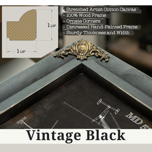 Vintage Black frame corner detail, 1.5 inch ornate wood moulding, MD 530F Helicopter Blueprint Aviation Print