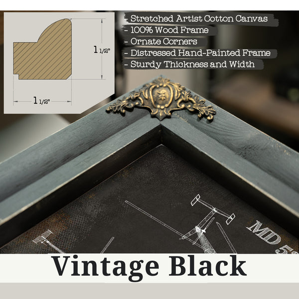 Vintage Black frame corner detail, 1.5 inch ornate wood moulding, MD 530F Helicopter Blueprint Aviation Print
