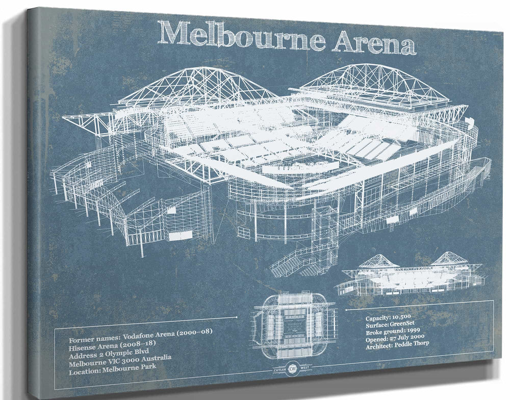 14" x 11" / Stretched Canvas Wrap Cutler West Melbourne Arena - Vintage Australian Open Tennis Blueprint Art