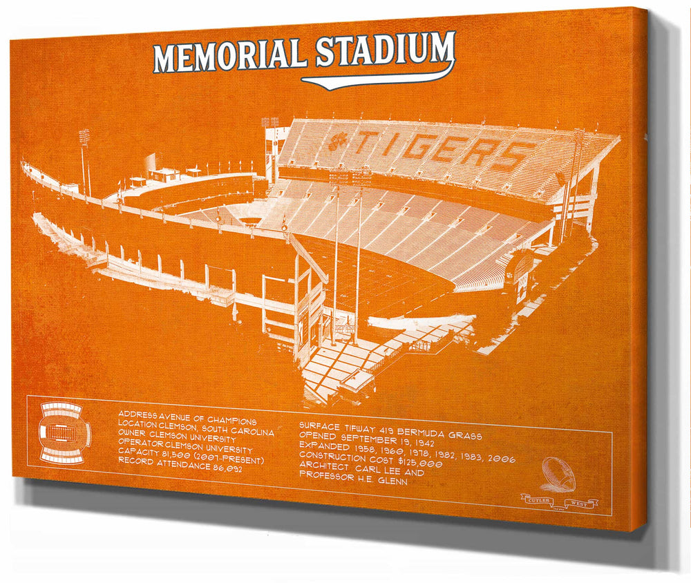 14" x 11" / Stretched Canvas Wrap Cutler West Memorial Stadium Clemson Tigers Team Color NCAA Vintage Football Blueprint Art