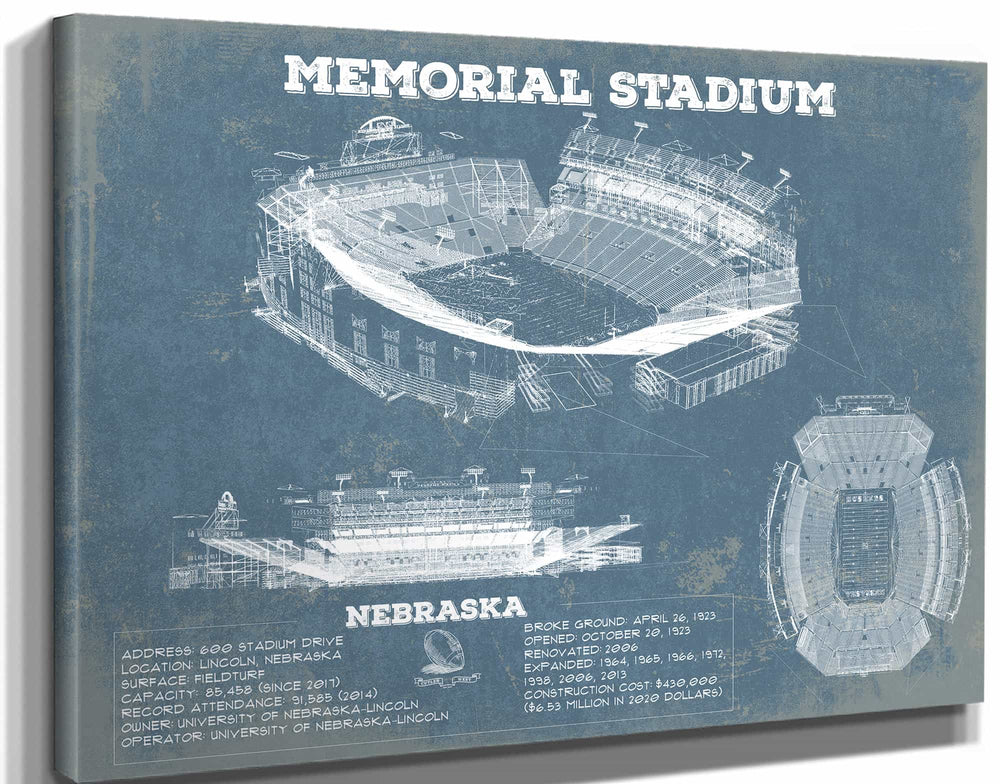 14" x 11" / Stretched Canvas Wrap Cutler West Memorial Stadium (Lincoln) Nebraska Cornhuskers
