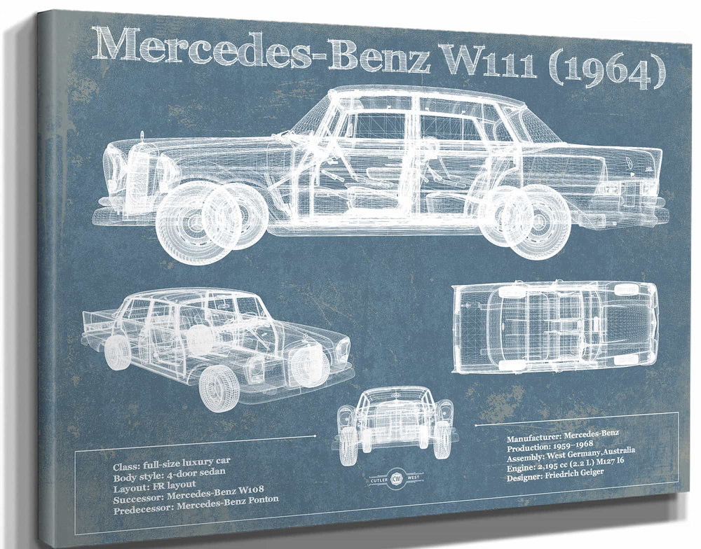 14" x 11" / Stretched Canvas Wrap Cutler West Mercedes Benz 220S W111 (1964) Blueprint Vintage Auto Print