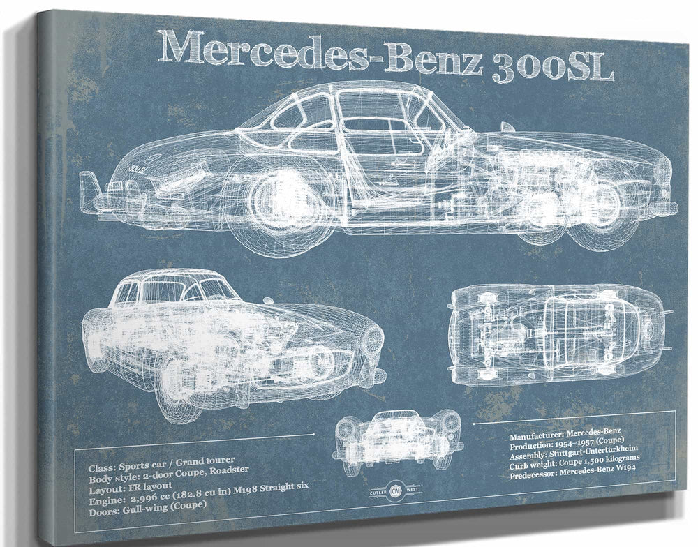 14" x 11" / Stretched Canvas Wrap Cutler West Mercedes-Benz 300 SL Gullwing 1950 Original Blueprint Art