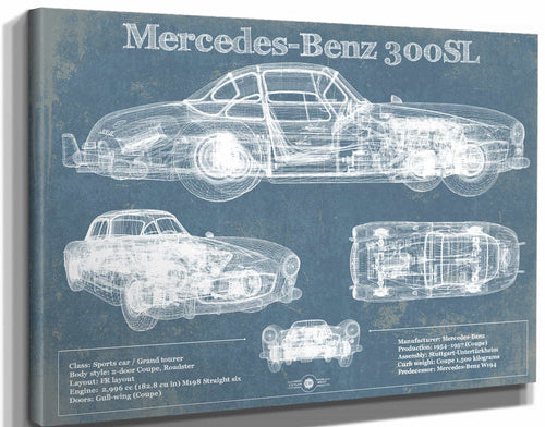 14" x 11" / Stretched Canvas Wrap Cutler West Mercedes-Benz 300 SL Gullwing 1950 Original Blueprint Art