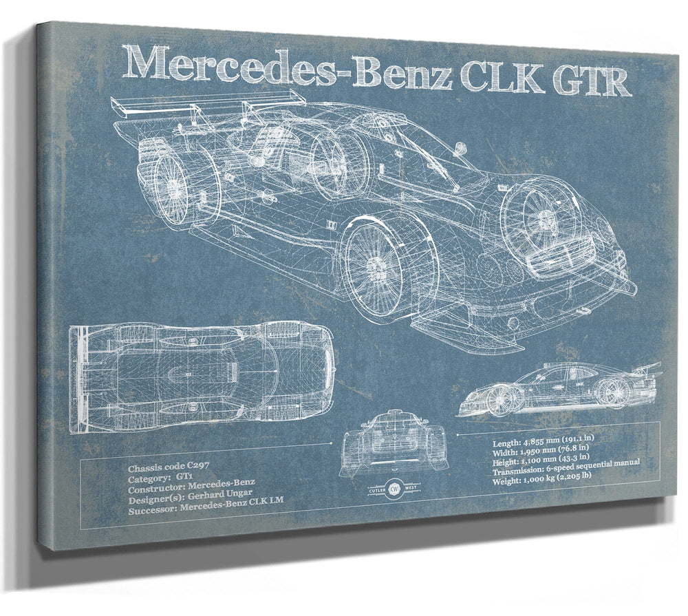 14" x 11" / Stretched Canvas Wrap Cutler West Mercedes-Benz CLK GTR Original Blueprint Art