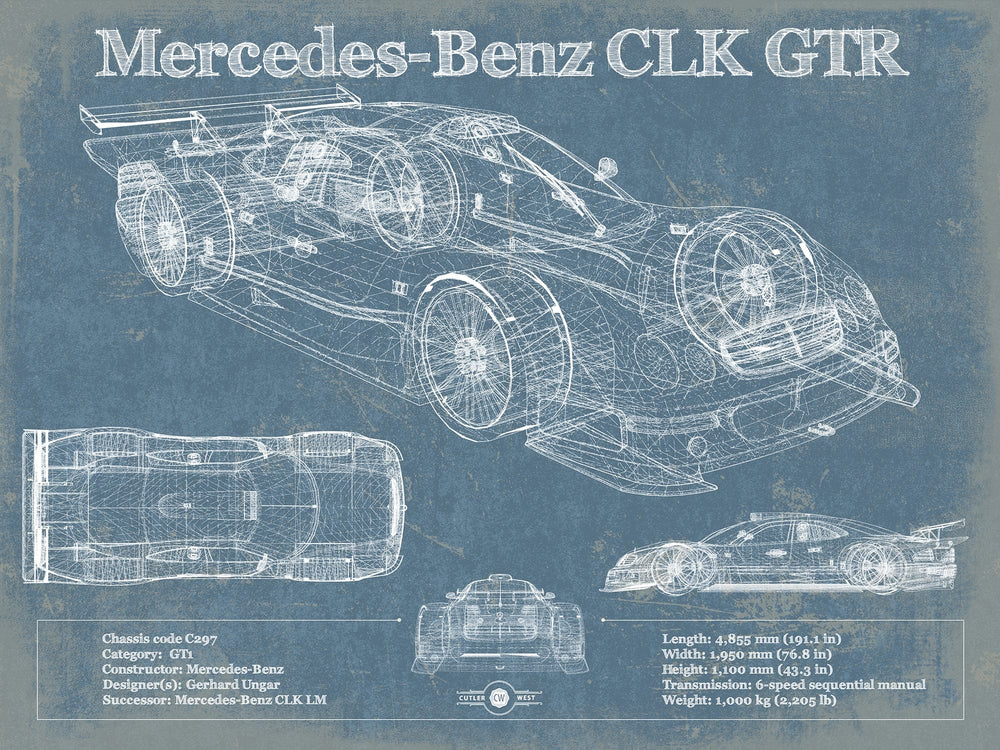 14" x 11" / Stretched Canvas Wrap Cutler West Mercedes-Benz CLK GTR Original Blueprint Art