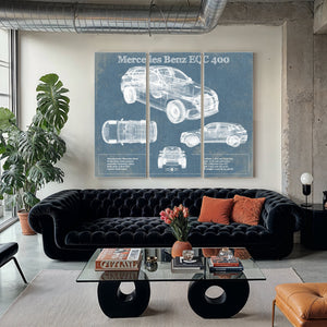Mercedes-Benz EQC Blueprint Art Print as a 3 panel canvas wrap in a modern living room