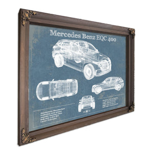 Mercedes-Benz EQC Blueprint Art Print in a Bourbon stained wood frame with antique gold corners