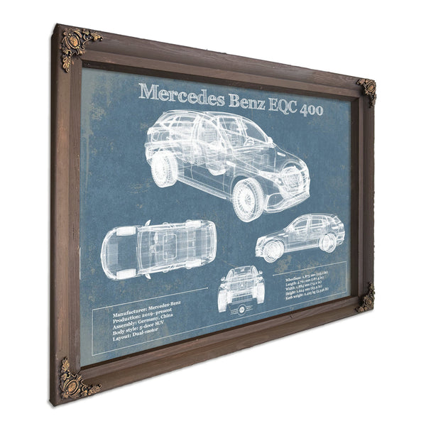 Mercedes-Benz EQC Blueprint Art Print in a Bourbon stained wood frame with antique gold corners