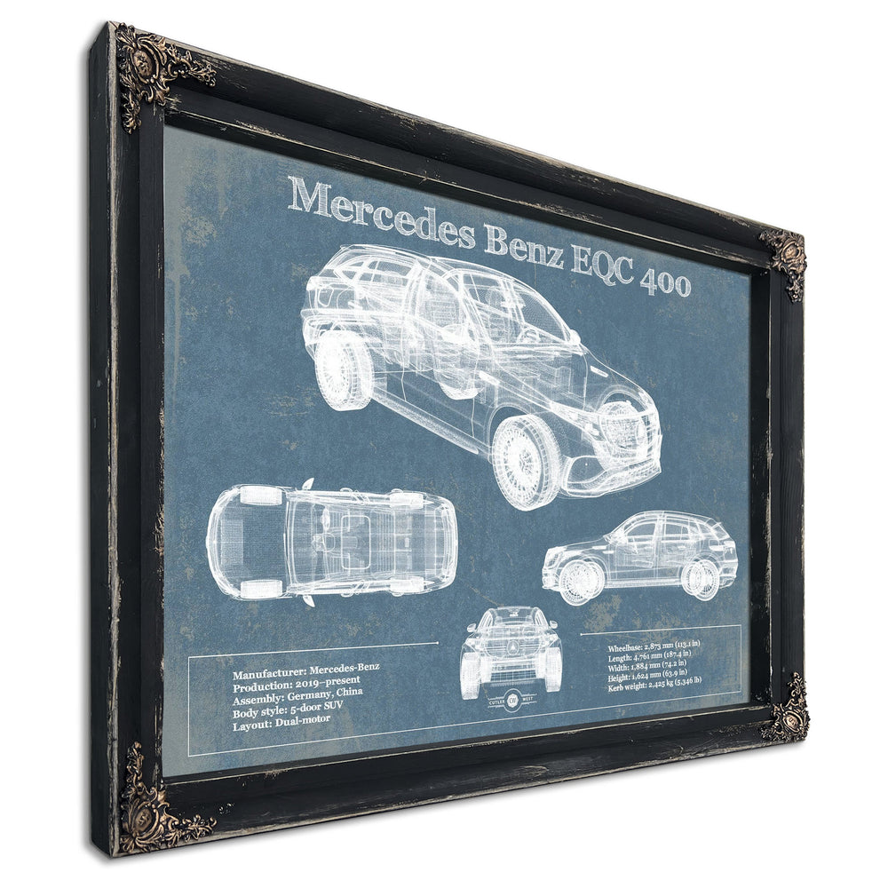 Mercedes-Benz EQC Blueprint Art Print in a distressed Vintage Black wood frame with ornate corners