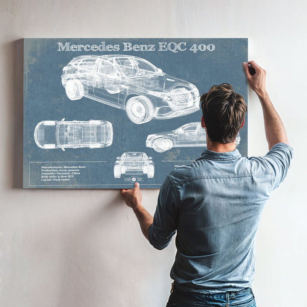 Mercedes-Benz EQC Blueprint Art Print framed in Vintage Black above a mid-century record console