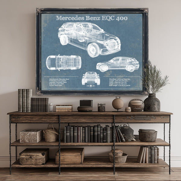 Mercedes-Benz EQC Blueprint Art Print canvas print size guide 24x18 36x24 48x36 inches