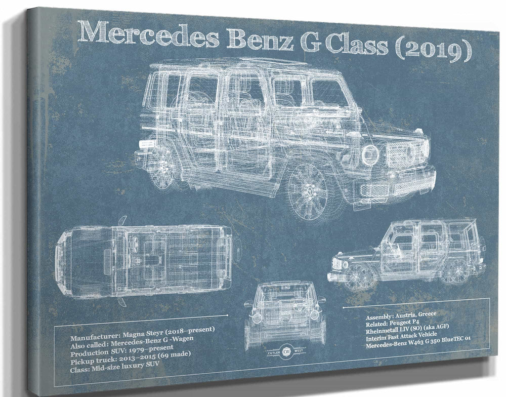 14" x 11" / Stretched Canvas Wrap Cutler West Mercedes-Benz G-Class (2019) Vintage Blueprint Auto Print