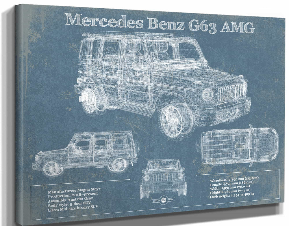 14" x 11" / Stretched Canvas Wrap Cutler West Mercedes Benz G63 AMG (2019) Blueprint Vintage Auto Print