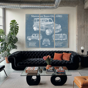 2019 Mercedes Benz G63 AMG Blueprint Art Print as a 3 panel canvas wrap in a modern living room