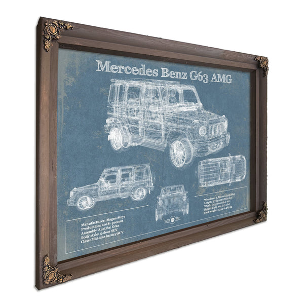 2019 Mercedes Benz G63 AMG Blueprint Art Print in a Bourbon stained wood frame with antique gold corners