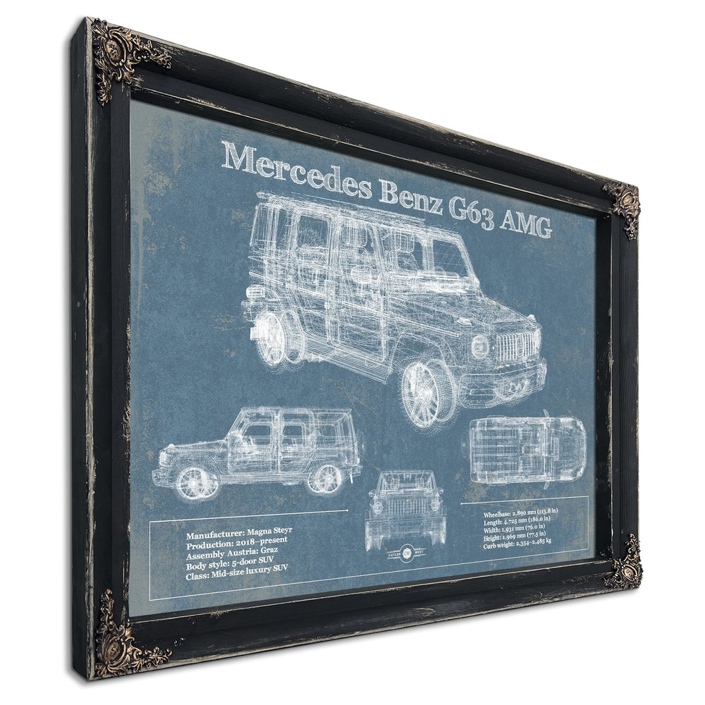 2019 Mercedes Benz G63 AMG Blueprint Art Print in a distressed Vintage Black wood frame with ornate corners
