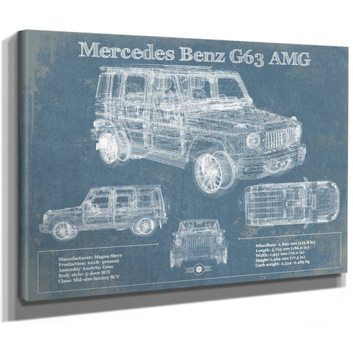 2019 Mercedes Benz G63 AMG Blueprint Art Print as a stretched canvas wrap with gallery wrapped edges