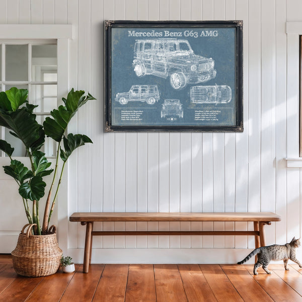 2019 Mercedes Benz G63 AMG Blueprint Art Print framed in Vintage Black above a rustic console table
