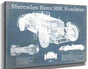 14" x 11" / Stretched Canvas Wrap Cutler West Mercedes Benz SSK Roadster Original Blueprint Art
