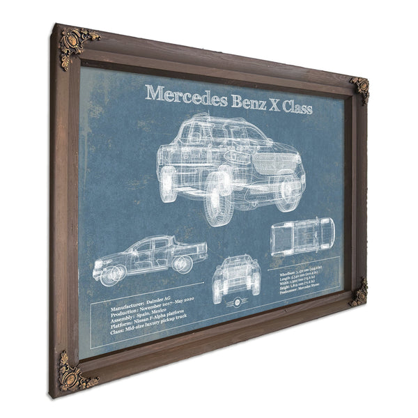 Mercedes Benz X Class Blueprint Truck Print in a Bourbon stained wood frame with antique gold corners