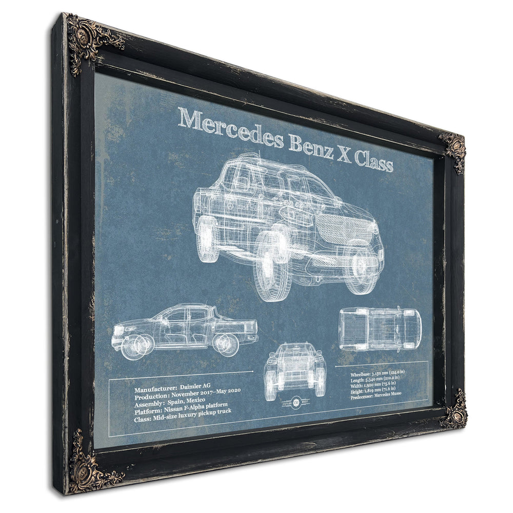 Mercedes Benz X Class Blueprint Truck Print in a distressed Vintage Black wood frame with ornate corners