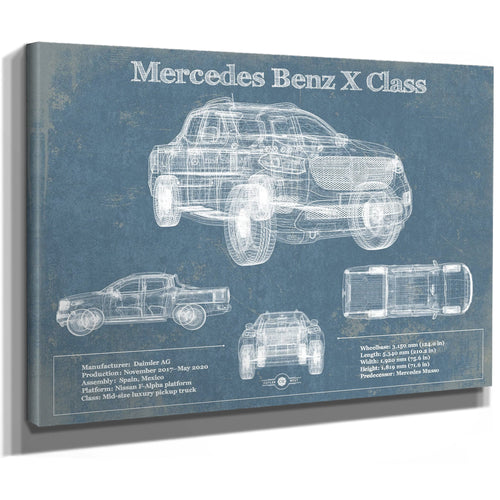 Mercedes Benz X Class Blueprint Truck Print as a stretched canvas wrap with gallery wrapped edges