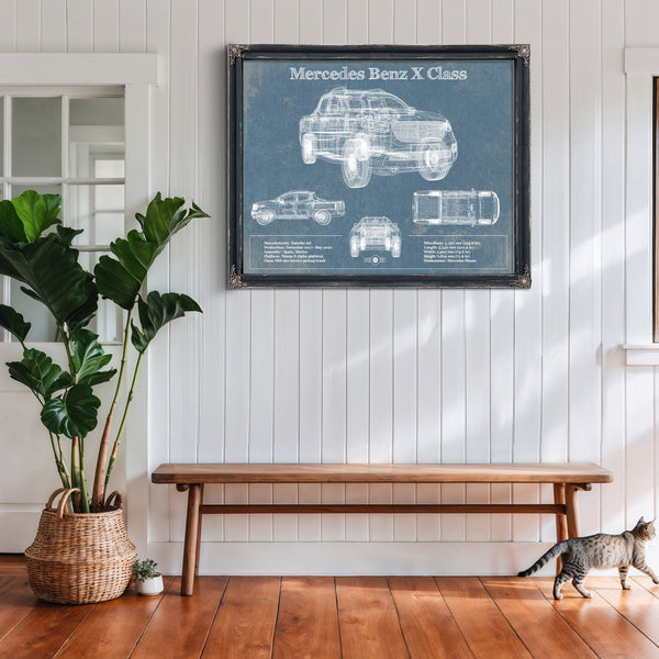 Mercedes Benz X Class Blueprint Truck Print framed in Vintage Black above a rustic console table