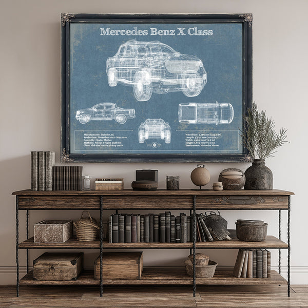 Mercedes Benz X Class Blueprint Truck Print canvas print size guide 24x18 36x24 48x36 inches