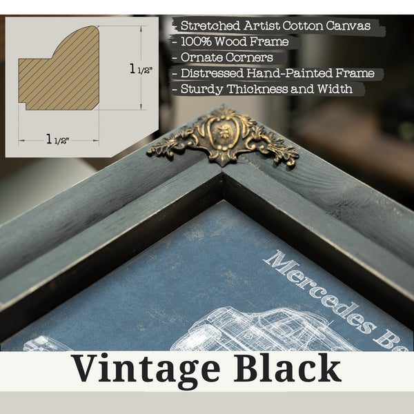 Vintage Black frame corner detail, 1.5 inch ornate wood moulding, Mercedes Benz X Class Blueprint Truck Print