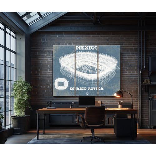 Mexico Football - Estadio Azteca Stadium Print as a 3 panel canvas wrap in an industrial loft office