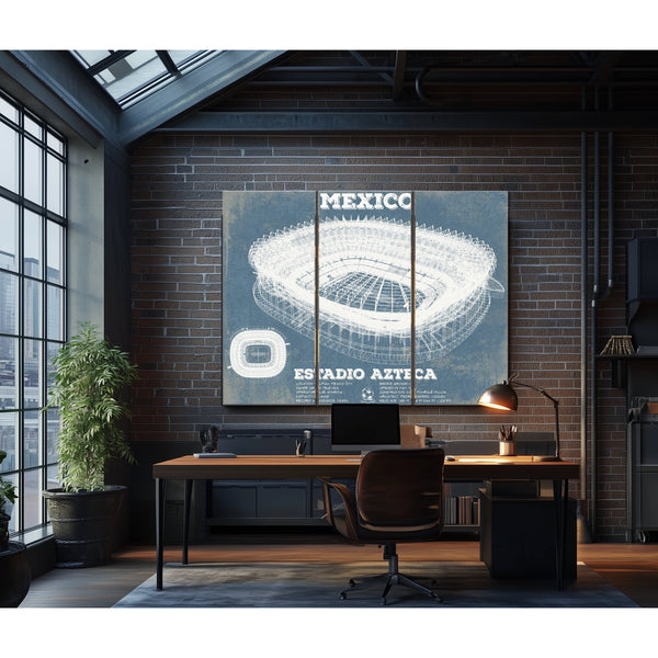 Mexico Football - Estadio Azteca Stadium Print as a 3 panel canvas wrap in an industrial loft office