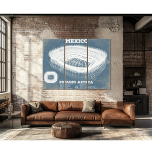 Mexico Football - Estadio Azteca Stadium Print as a 3 panel canvas wrap above a leather sofa