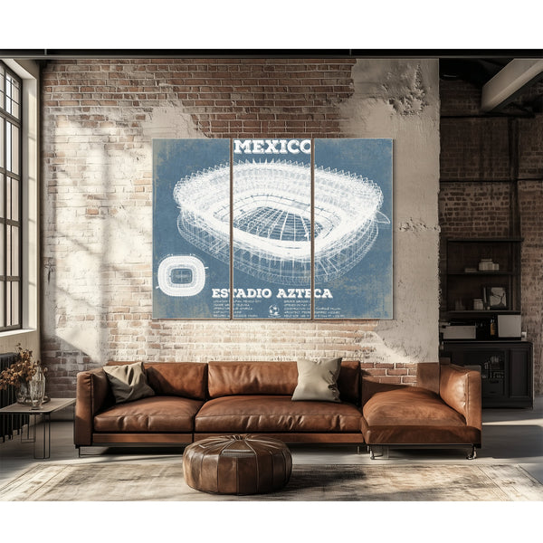 Mexico Football - Estadio Azteca Stadium Print as a 3 panel canvas wrap above a leather sofa